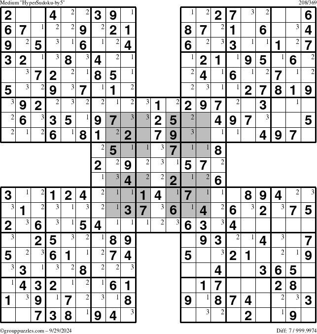 The grouppuzzles.com Medium HyperSudoku-by5 puzzle for Sunday September 29, 2024 with the first 3 steps marked