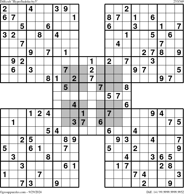 The grouppuzzles.com Difficult HyperSudoku-by5 puzzle for Sunday September 29, 2024