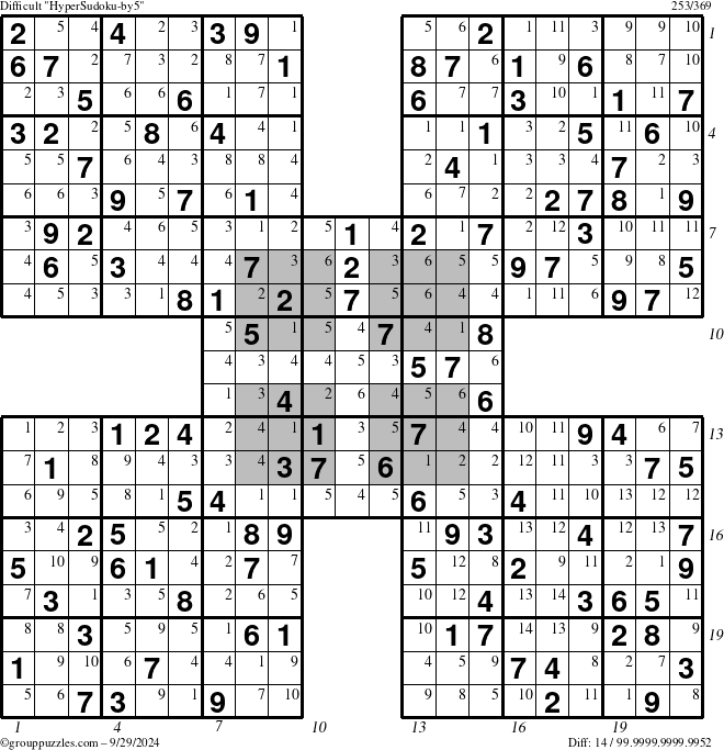 The grouppuzzles.com Difficult HyperSudoku-by5 puzzle for Sunday September 29, 2024 with all 14 steps marked