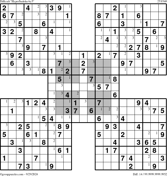 The grouppuzzles.com Difficult HyperSudoku-by5 puzzle for Sunday September 29, 2024 with the first 3 steps marked