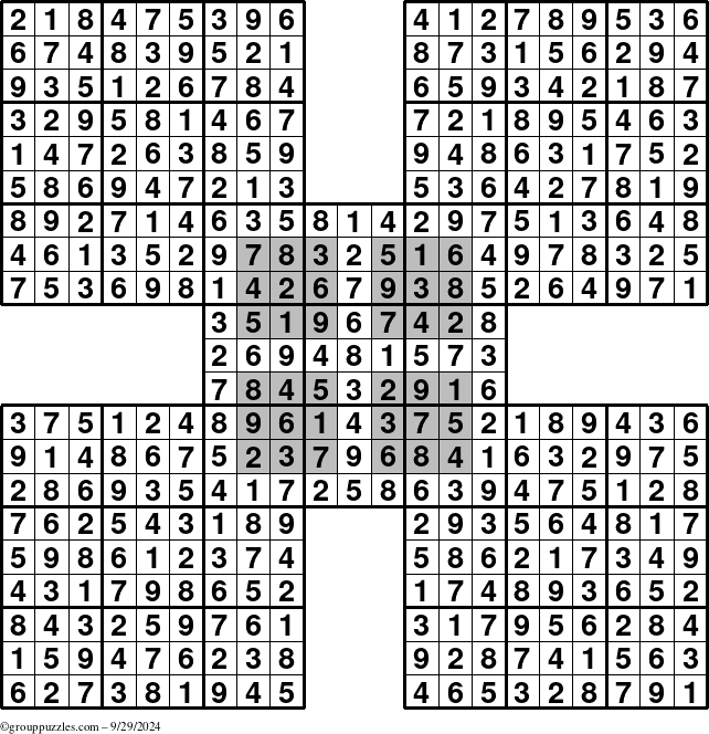 The grouppuzzles.com Answer grid for the HyperSudoku-by5 puzzle for Sunday September 29, 2024