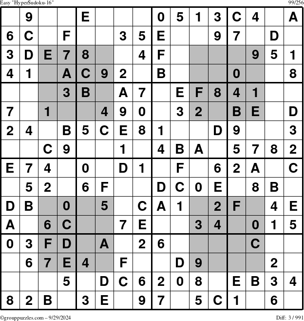 The grouppuzzles.com Easy HyperSudoku-16 puzzle for Sunday September 29, 2024