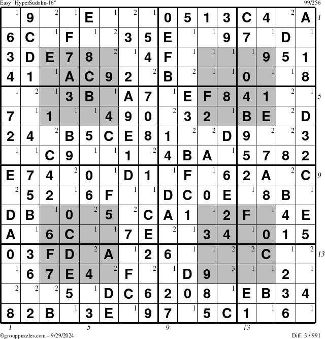 The grouppuzzles.com Easy HyperSudoku-16 puzzle for Sunday September 29, 2024, suitable for printing, with all 3 steps marked