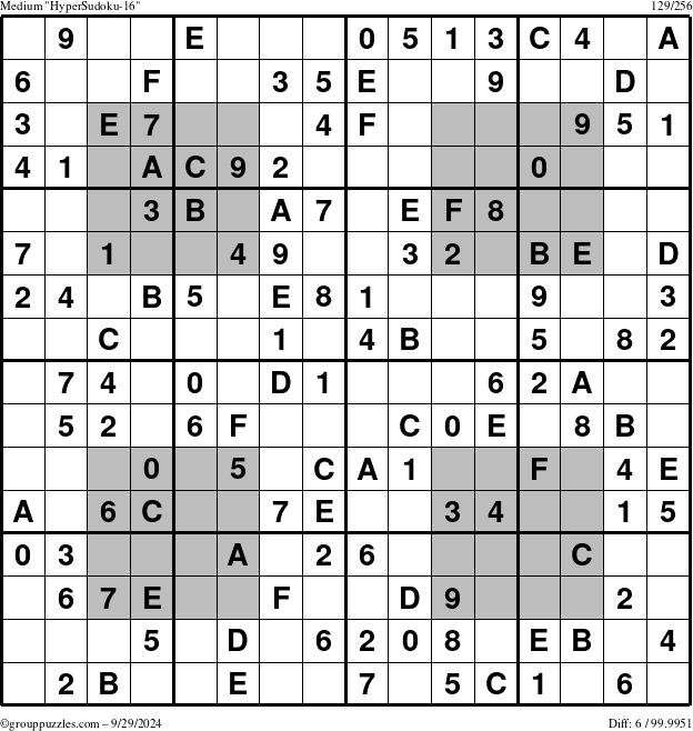 The grouppuzzles.com Medium HyperSudoku-16 puzzle for Sunday September 29, 2024