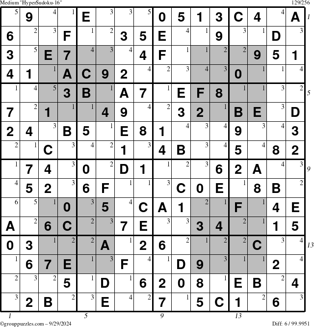 The grouppuzzles.com Medium HyperSudoku-16 puzzle for Sunday September 29, 2024, suitable for printing, with all 6 steps marked