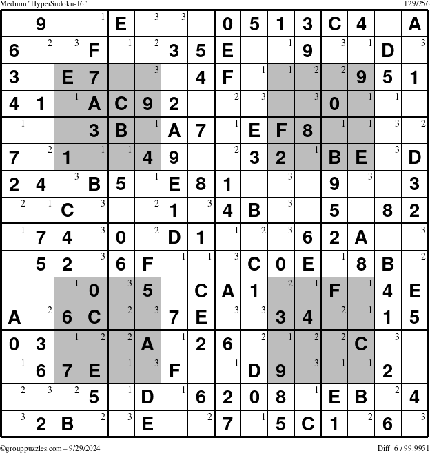 The grouppuzzles.com Medium HyperSudoku-16 puzzle for Sunday September 29, 2024 with the first 3 steps marked