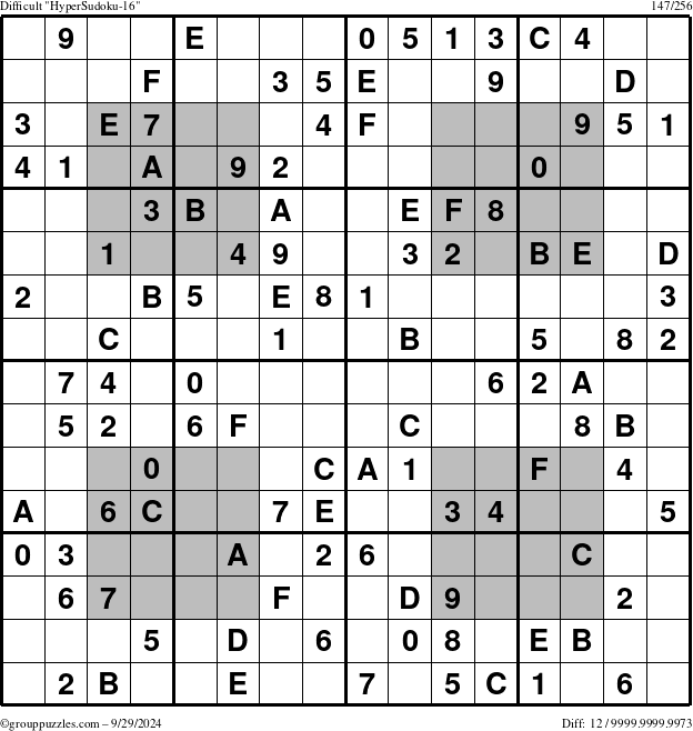 The grouppuzzles.com Difficult HyperSudoku-16 puzzle for Sunday September 29, 2024