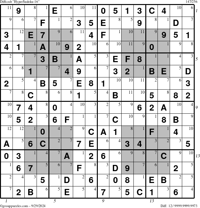 The grouppuzzles.com Difficult HyperSudoku-16 puzzle for Sunday September 29, 2024, suitable for printing, with all 12 steps marked