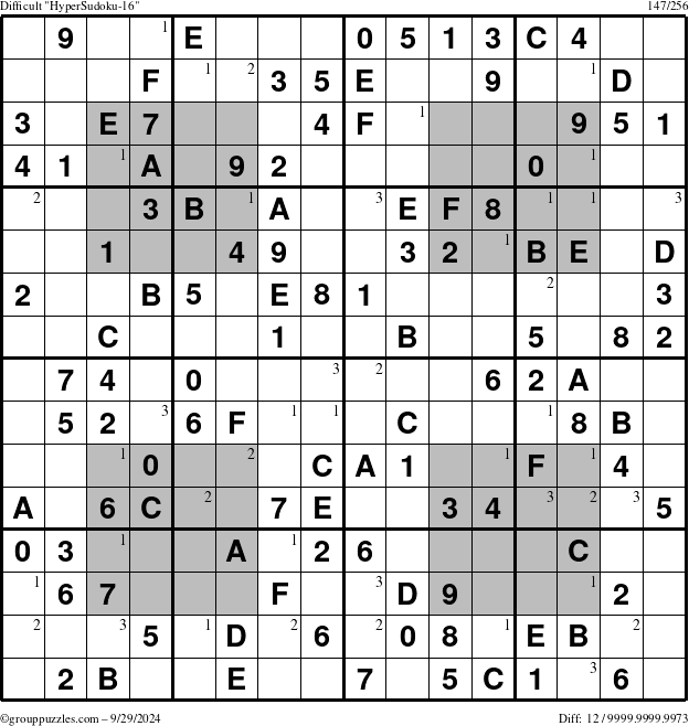 The grouppuzzles.com Difficult HyperSudoku-16 puzzle for Sunday September 29, 2024 with the first 3 steps marked