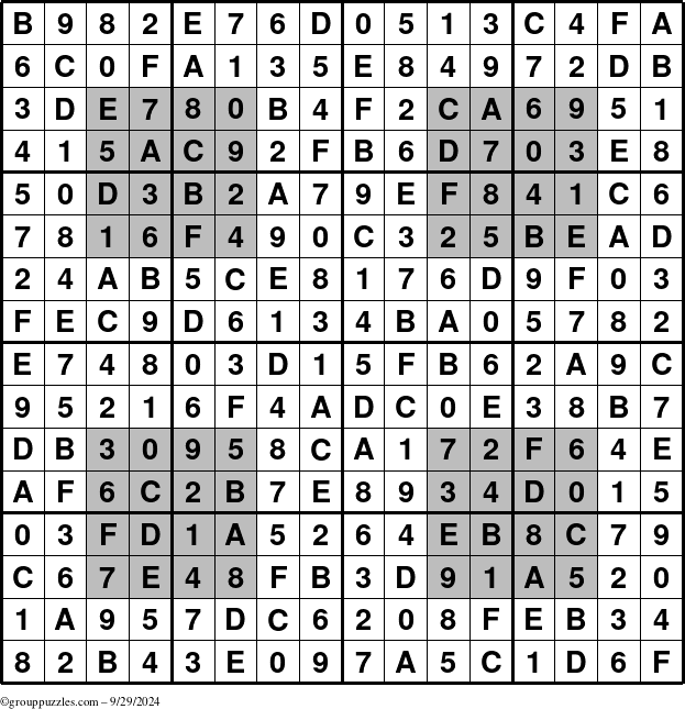 The grouppuzzles.com Answer grid for the HyperSudoku-16 puzzle for Sunday September 29, 2024