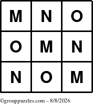 The grouppuzzles.com Answer grid for the TicTac-MNO puzzle for Saturday August 8, 2026
