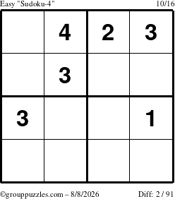 The grouppuzzles.com Easy Sudoku-4 puzzle for Saturday August 8, 2026