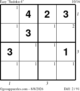 The grouppuzzles.com Easy Sudoku-4 puzzle for Saturday August 8, 2026, suitable for printing, with all 2 steps marked
