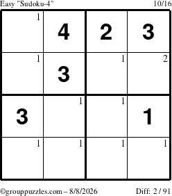 The grouppuzzles.com Easy Sudoku-4 puzzle for Saturday August 8, 2026 with the first 2 steps marked