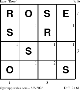 The grouppuzzles.com Easy Rose puzzle for Saturday August 8, 2026 with all 2 steps marked