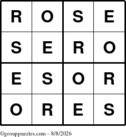 The grouppuzzles.com Answer grid for the Rose puzzle for Saturday August 8, 2026