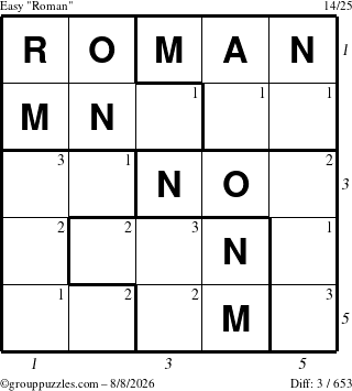 The grouppuzzles.com Easy Roman puzzle for Saturday August 8, 2026 with all 3 steps marked