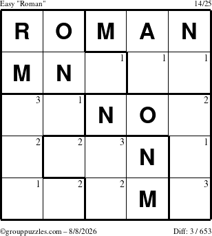 The grouppuzzles.com Easy Roman puzzle for Saturday August 8, 2026 with the first 3 steps marked