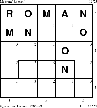 The grouppuzzles.com Medium Roman puzzle for Saturday August 8, 2026 with all 3 steps marked