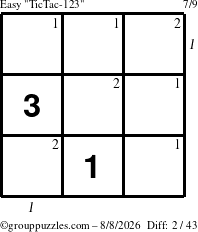 The grouppuzzles.com Easy TicTac-123 puzzle for Saturday August 8, 2026, suitable for printing, with all 2 steps marked