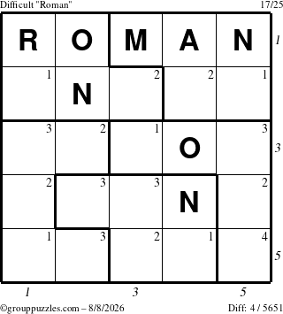The grouppuzzles.com Difficult Roman puzzle for Saturday August 8, 2026 with all 4 steps marked