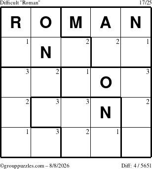 The grouppuzzles.com Difficult Roman puzzle for Saturday August 8, 2026 with the first 3 steps marked