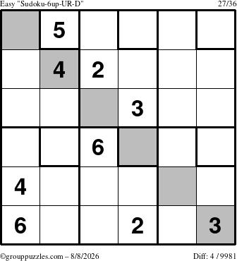 The grouppuzzles.com Easy Sudoku-6up-UR-D puzzle for Saturday August 8, 2026