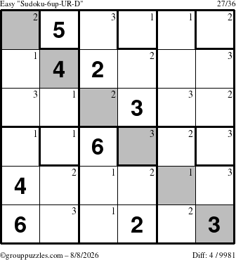 The grouppuzzles.com Easy Sudoku-6up-UR-D puzzle for Saturday August 8, 2026 with the first 3 steps marked