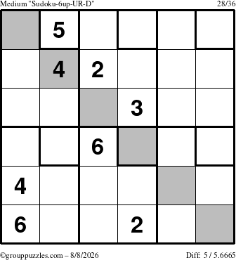 The grouppuzzles.com Medium Sudoku-6up-UR-D puzzle for Saturday August 8, 2026