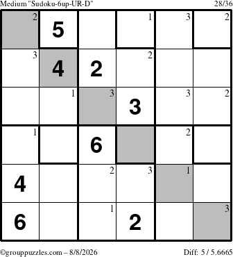 The grouppuzzles.com Medium Sudoku-6up-UR-D puzzle for Saturday August 8, 2026 with the first 3 steps marked