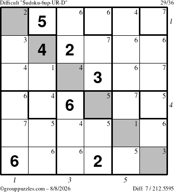 The grouppuzzles.com Difficult Sudoku-6up-UR-D puzzle for Saturday August 8, 2026 with all 7 steps marked