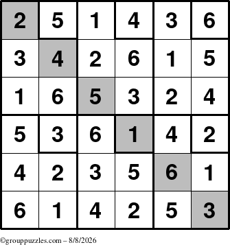The grouppuzzles.com Answer grid for the Sudoku-6up-UR-D puzzle for Saturday August 8, 2026