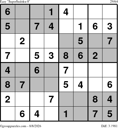 The grouppuzzles.com Easy SuperSudoku-8 puzzle for Saturday August 8, 2026