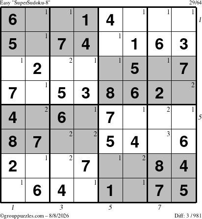 The grouppuzzles.com Easy SuperSudoku-8 puzzle for Saturday August 8, 2026 with all 3 steps marked