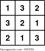 The grouppuzzles.com Answer grid for the TicTac-123 puzzle for Saturday August 8, 2026