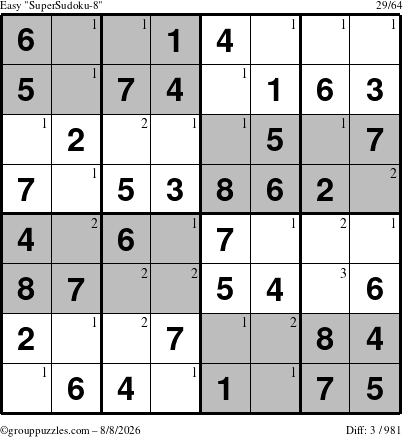 The grouppuzzles.com Easy SuperSudoku-8 puzzle for Saturday August 8, 2026 with the first 3 steps marked