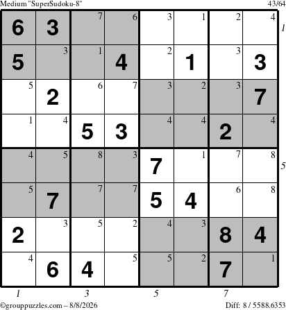 The grouppuzzles.com Medium SuperSudoku-8 puzzle for Saturday August 8, 2026 with all 8 steps marked