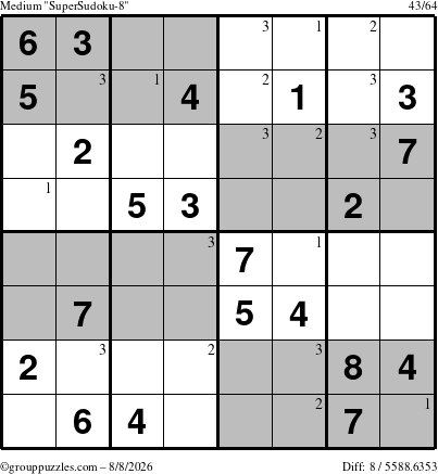The grouppuzzles.com Medium SuperSudoku-8 puzzle for Saturday August 8, 2026 with the first 3 steps marked