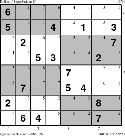 The grouppuzzles.com Difficult SuperSudoku-8 puzzle for Saturday August 8, 2026, suitable for printing, with all 8 steps marked