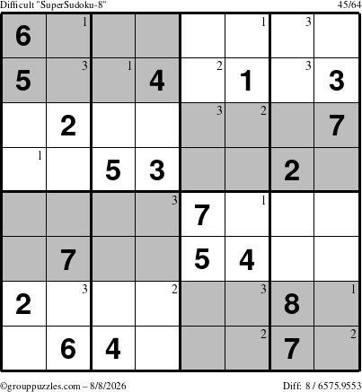 The grouppuzzles.com Difficult SuperSudoku-8 puzzle for Saturday August 8, 2026 with the first 3 steps marked