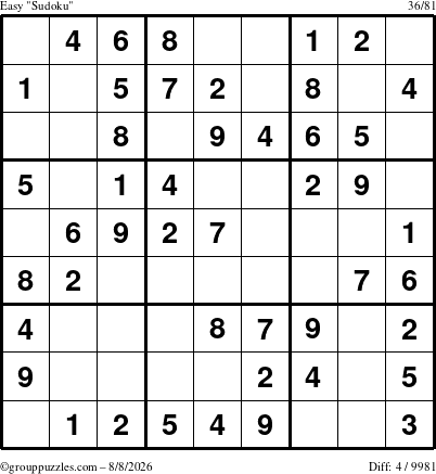 The grouppuzzles.com Easy Sudoku puzzle for Saturday August 8, 2026