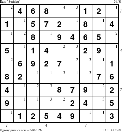 The grouppuzzles.com Easy Sudoku puzzle for Saturday August 8, 2026 with all 4 steps marked