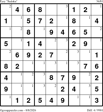 The grouppuzzles.com Easy Sudoku puzzle for Saturday August 8, 2026 with the first 3 steps marked