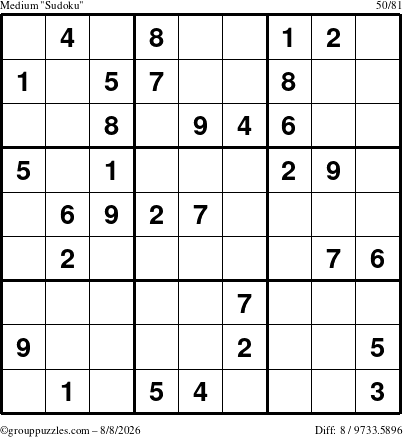 The grouppuzzles.com Medium Sudoku puzzle for Saturday August 8, 2026