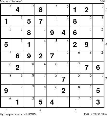 The grouppuzzles.com Medium Sudoku puzzle for Saturday August 8, 2026 with all 8 steps marked