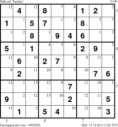 The grouppuzzles.com Difficult Sudoku puzzle for Saturday August 8, 2026 with all 13 steps marked