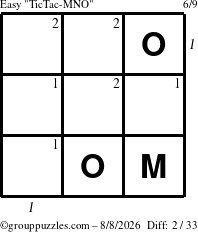 The grouppuzzles.com Easy TicTac-MNO puzzle for Saturday August 8, 2026 with all 2 steps marked