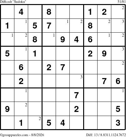 The grouppuzzles.com Difficult Sudoku puzzle for Saturday August 8, 2026 with the first 3 steps marked