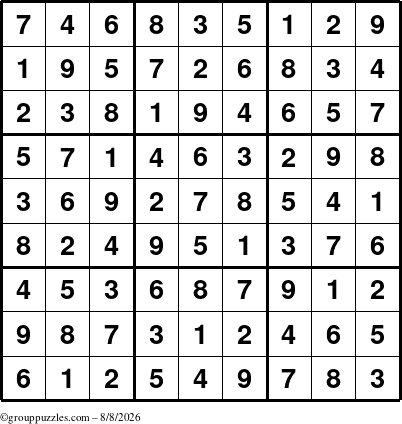 The grouppuzzles.com Answer grid for the Sudoku puzzle for Saturday August 8, 2026