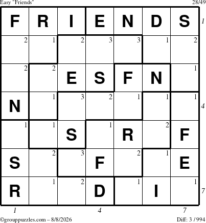 The grouppuzzles.com Easy Friends puzzle for Saturday August 8, 2026, suitable for printing, with all 3 steps marked